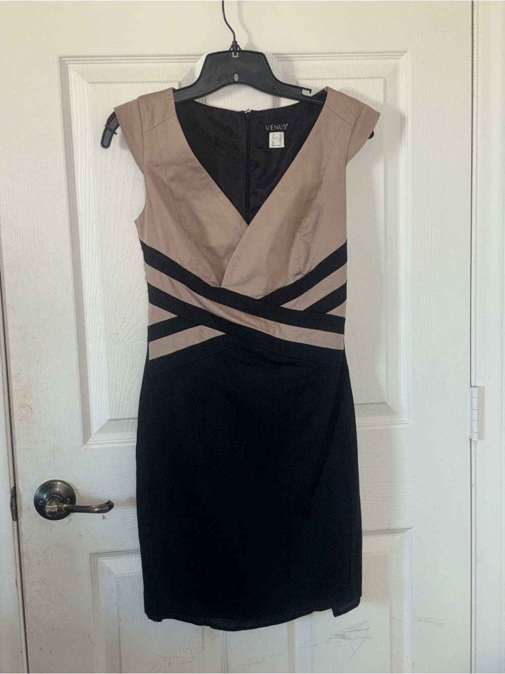 VENUS Taupe and Black Colorblock V-Neck Sheath Dress